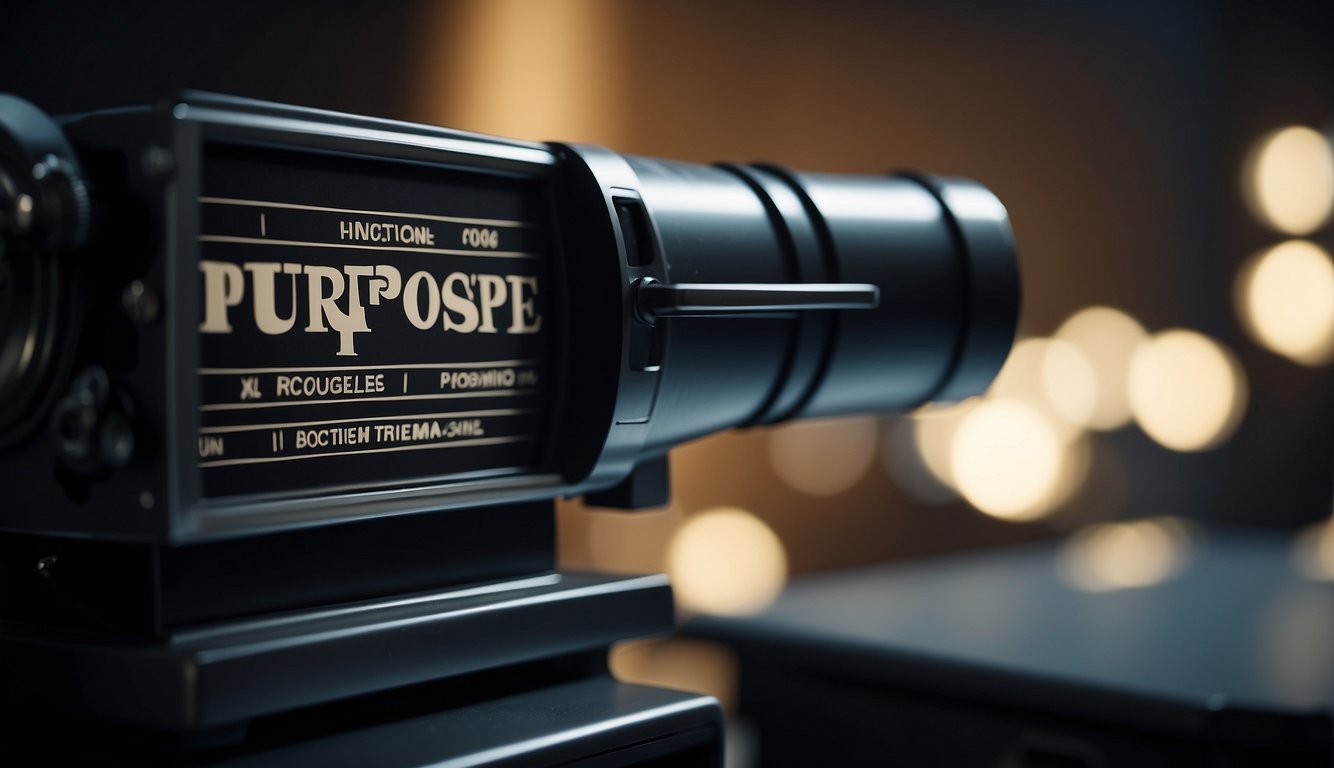 A film projector illuminates a blank screen with the word "Purpose" in bold lettering, followed by "Function" and "Intertitles" in smaller font, creating a visual representation of the concept
