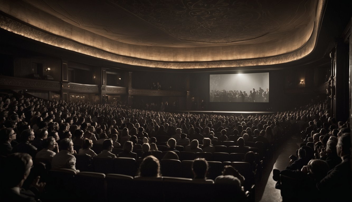 A crowded theater with a silent film playing, intertitles displayed on screen, and audience members engaged and reacting to the film