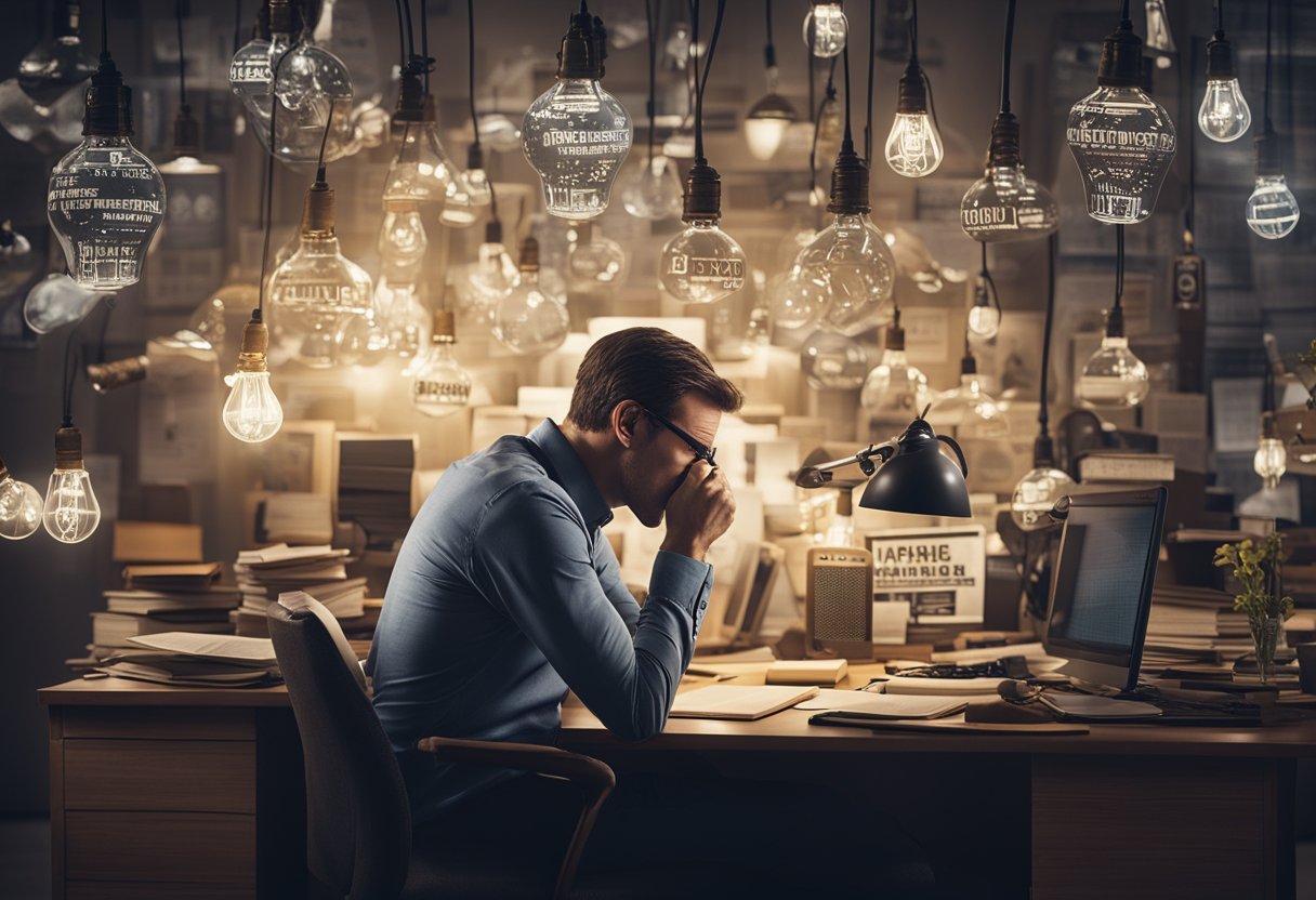 An author sits frustrated at a cluttered desk, surrounded by failed advertising attempts. A light bulb hovers above, symbolizing the need for a breakthrough in choosing the right advertising platforms