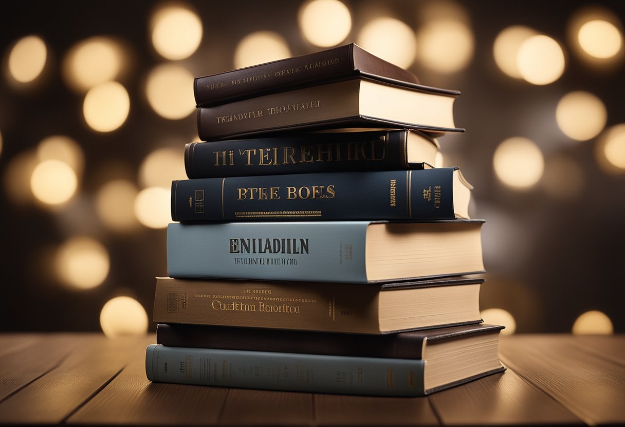 A stack of captivating books sits on a table, surrounded by glowing reviews and endorsements. The titles are strategically arranged to draw the viewer's eye