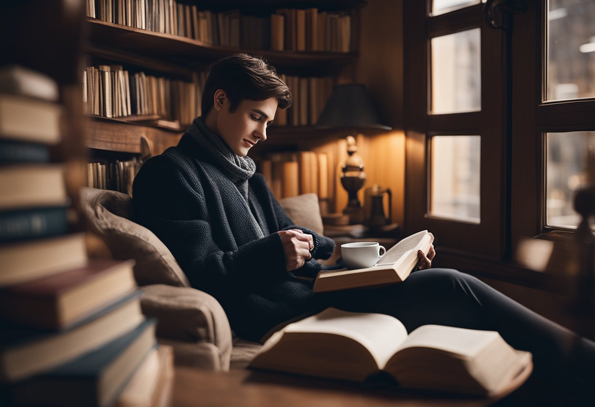 A person sitting in a cozy reading nook, surrounded by books and a warm cup of tea, with a thoughtful expression on their face