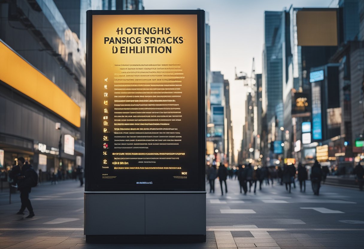 A book with glowing reviews and high ratings displayed prominently on a billboard, catching the attention of passersby