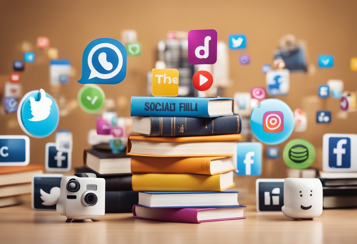 A stack of books with a thumbs-up and a thumbs-down symbol next to them, surrounded by social media icons