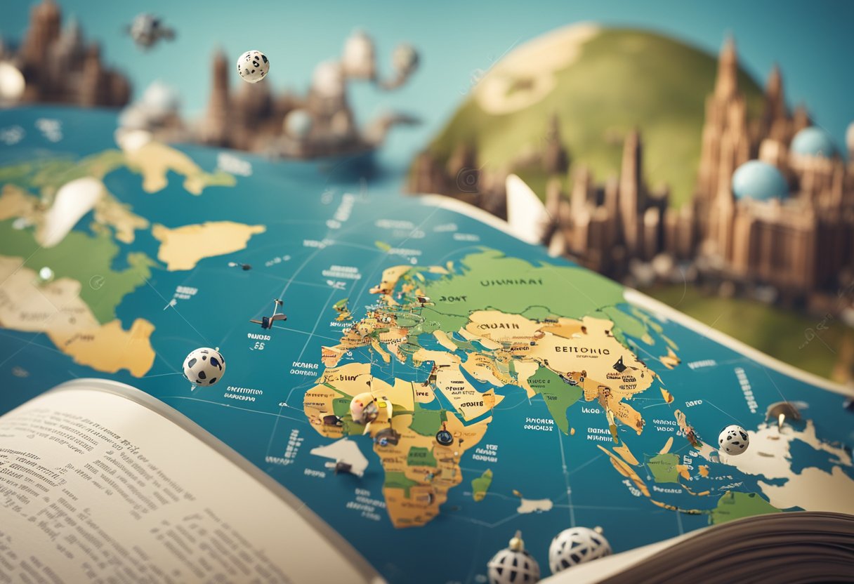 A world map with book icons spreading across continents, surrounded by diverse cultural symbols and languages