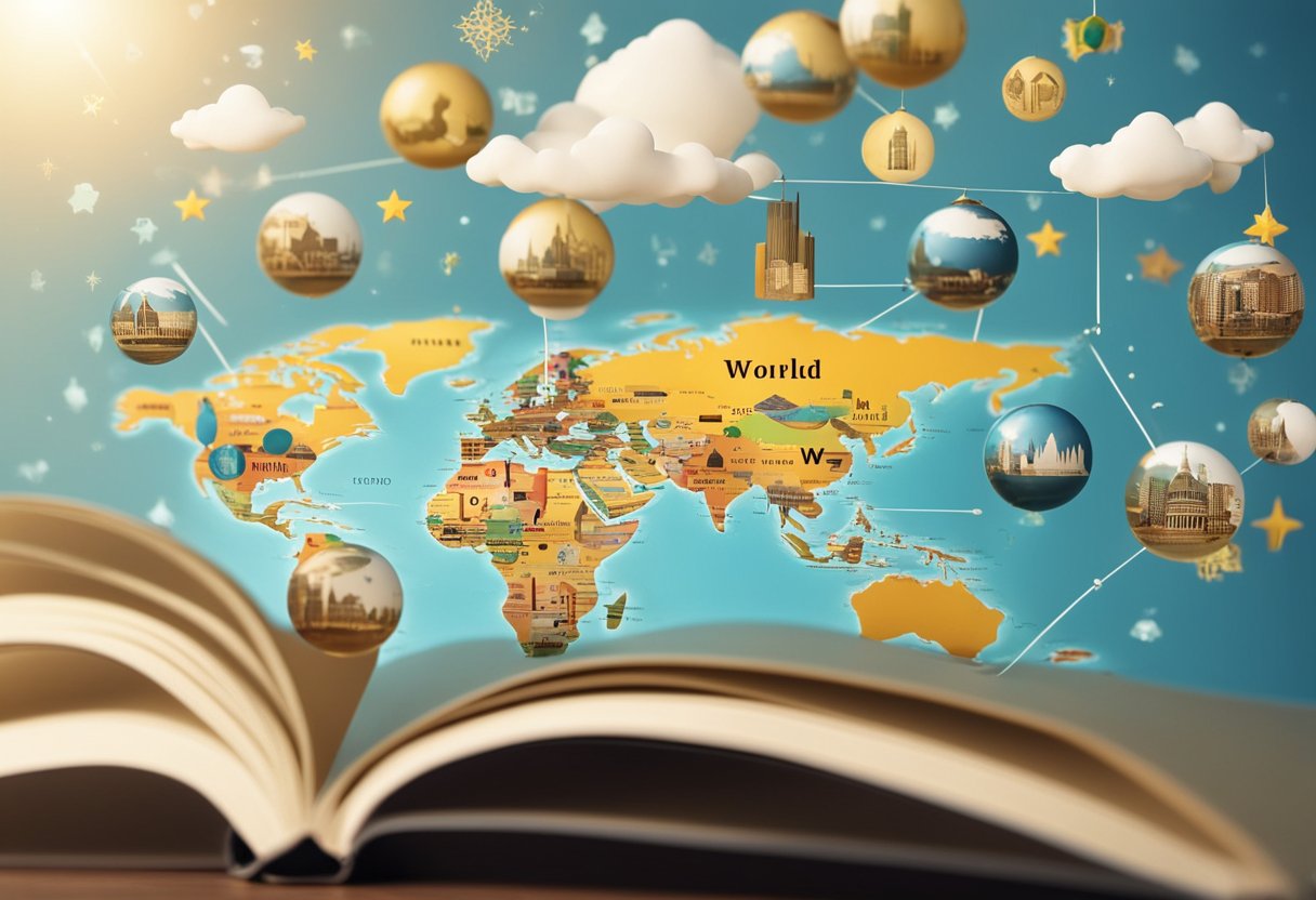 A world map with book icons popping up in various countries, surrounded by diverse cultural symbols and languages