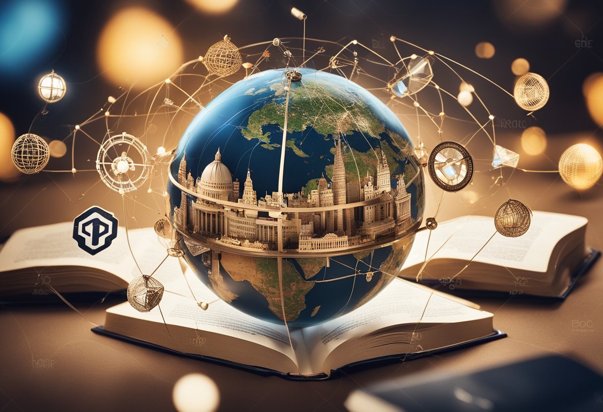 A globe surrounded by diverse symbols and landmarks, connected by a web of influencers and partnerships, with a book at the center radiating outwards