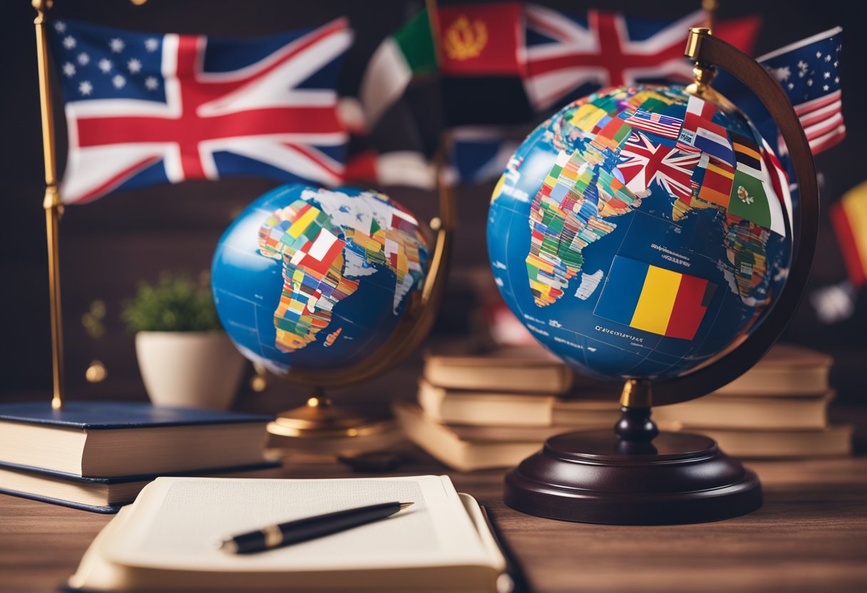 A globe surrounded by various international flags, with a book cover displayed prominently, and legal documents in the background