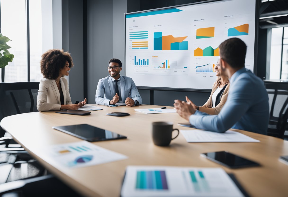 A bright, modern office with a large whiteboard filled with colorful charts and graphs. A team of professionals sit around a conference table, discussing marketing strategies and setting advertising goals