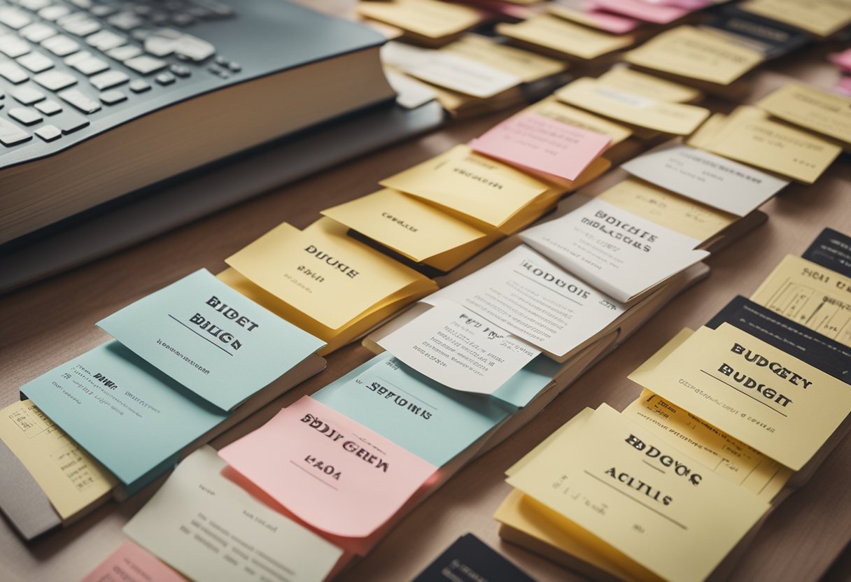 A stack of budget allocation charts and a row of book covers representing different genres, with bidding strategies written on sticky notes