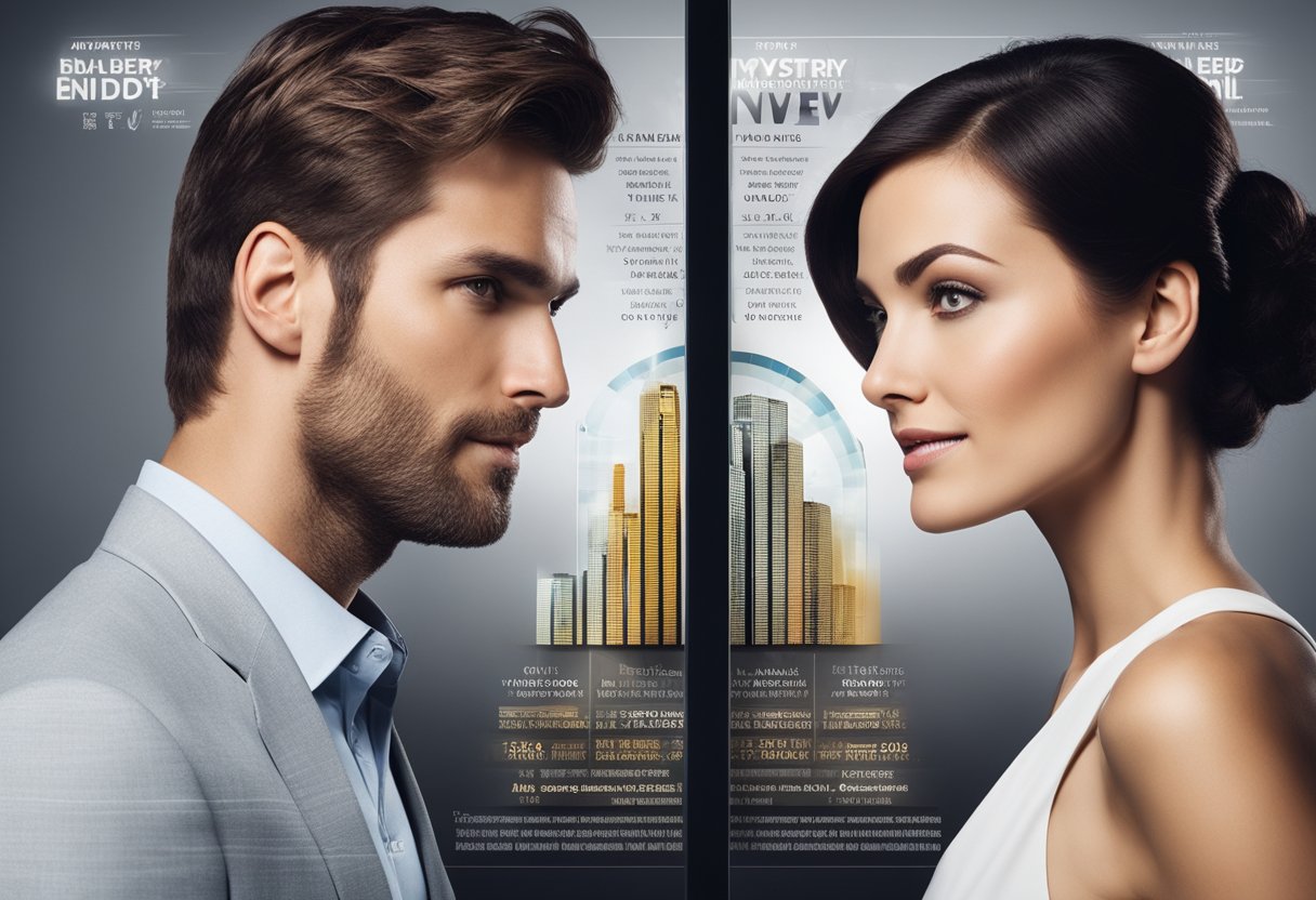 A split-screen with two different ad designs, one for a romance novel and the other for a mystery novel, with a graph showing increased engagement for the tailored ads
