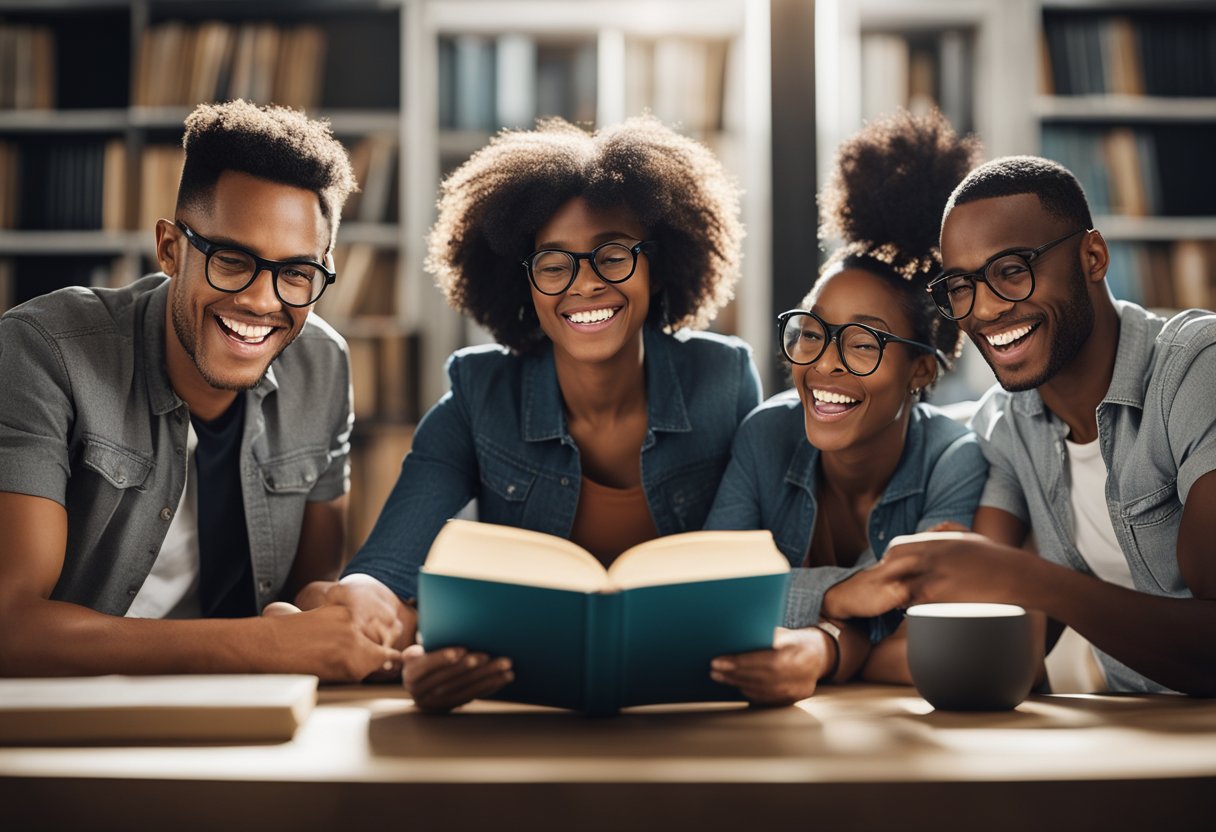 A group of diverse readers engage with a visually captivating book cover, expressing excitement and interest. The impact of visuals on book advertising is evident in their reactions