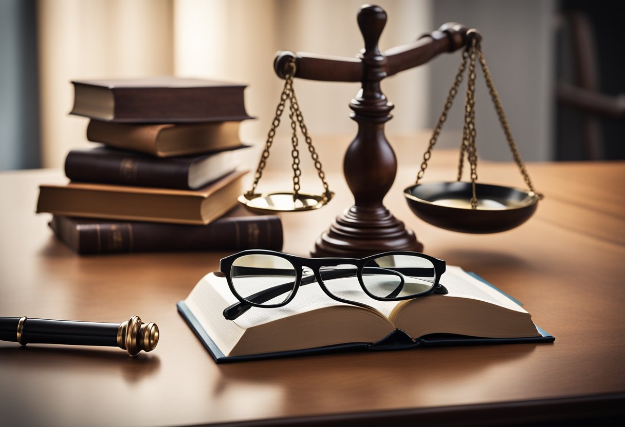 A stack of books with a magnifying glass hovering over them, a gavel, and a scale of justice in the background