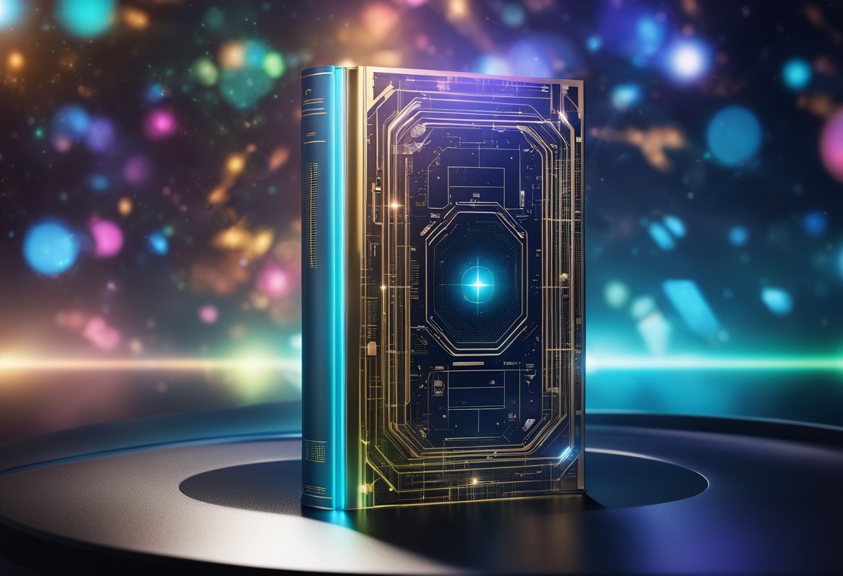 A futuristic book cover with holographic visuals and digital elements, showcasing the impact of visuals in advertising