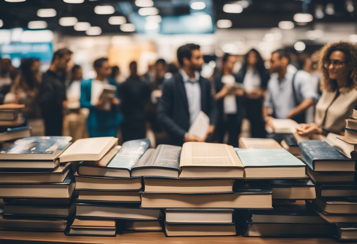 A stack of books with eye-catching covers displayed on a table, surrounded by curious onlookers at a book fair