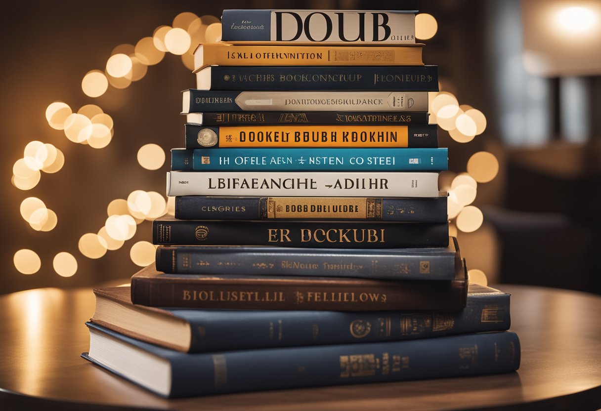 A stack of books with "Advanced BookBub Ad Techniques" on top, surrounded by glowing BookBub ads and a burst of impact