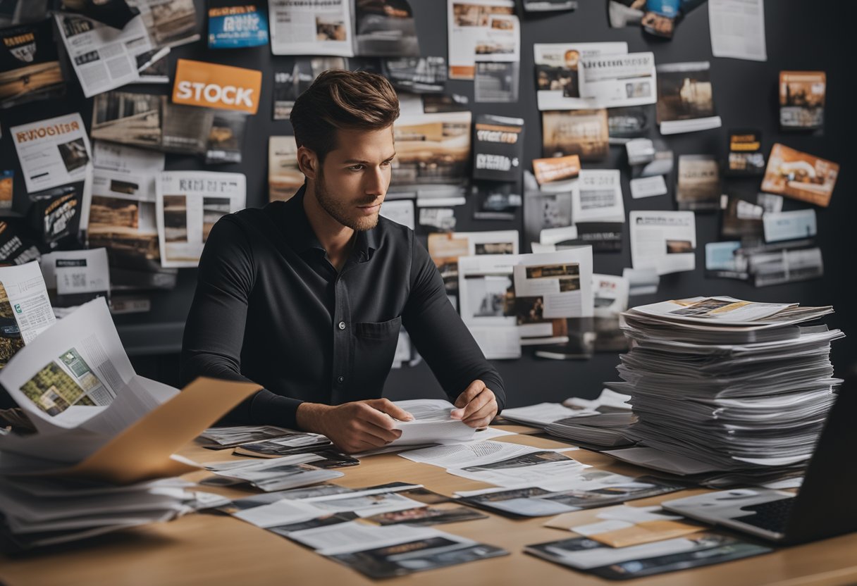 A person sitting at a desk, surrounded by various advertising materials such as flyers, brochures, and digital ads. They are contemplating whether to handle their advertising themselves or hire a professional