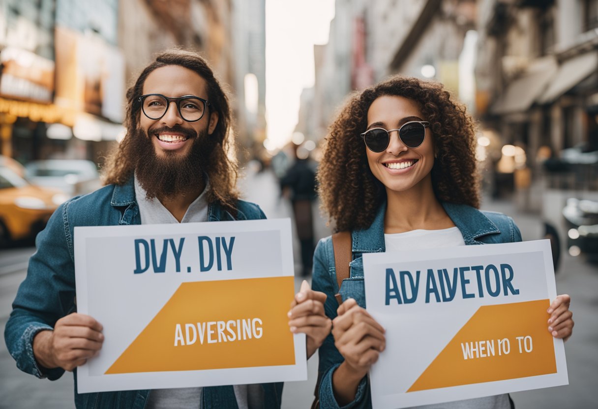 A person holding a sign that reads "DIY Advertising Strategies" while another person holds a sign that reads "Author Advertising: When to DIY and When to Hire a Pro". Both people are smiling and standing in front of a colorful and eye-catching background