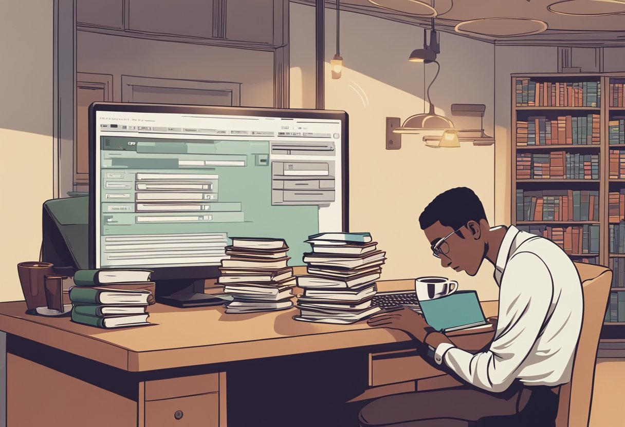 A person typing on a laptop with a stack of books and a cup of coffee on the desk. A thought bubble with a question mark hovers above their head