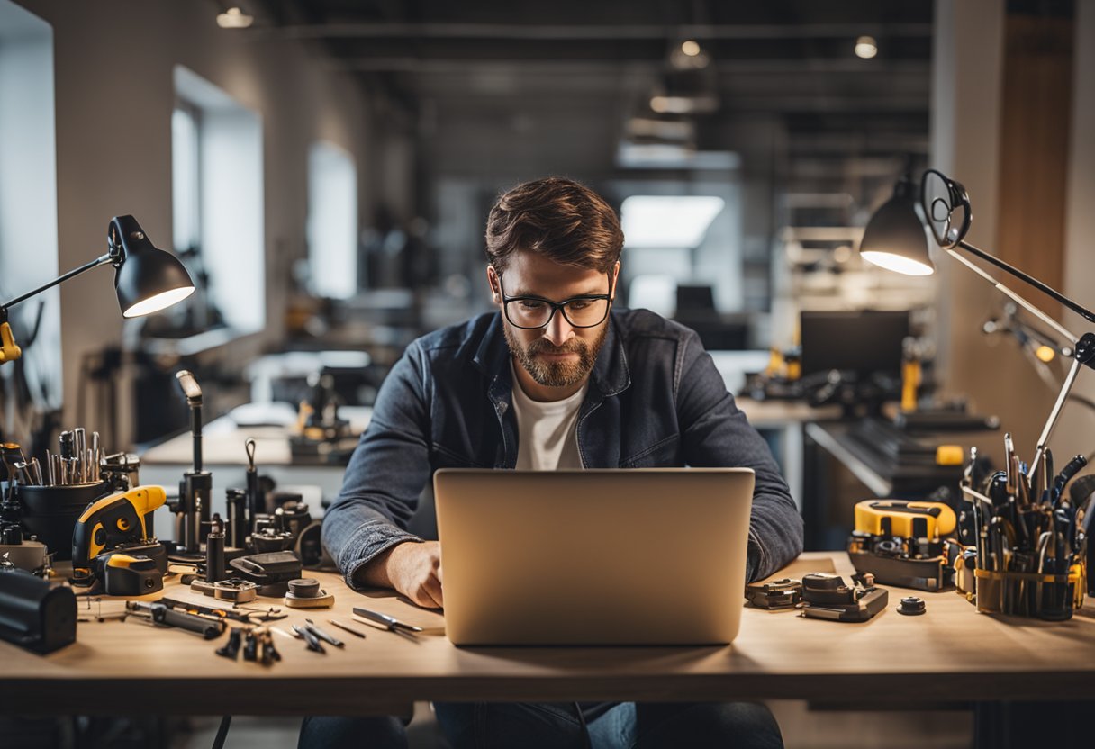 A person sits at a desk, surrounded by tools and a laptop. On one side, they are working on a DIY project, while on the other side, they are consulting with a professional service provider