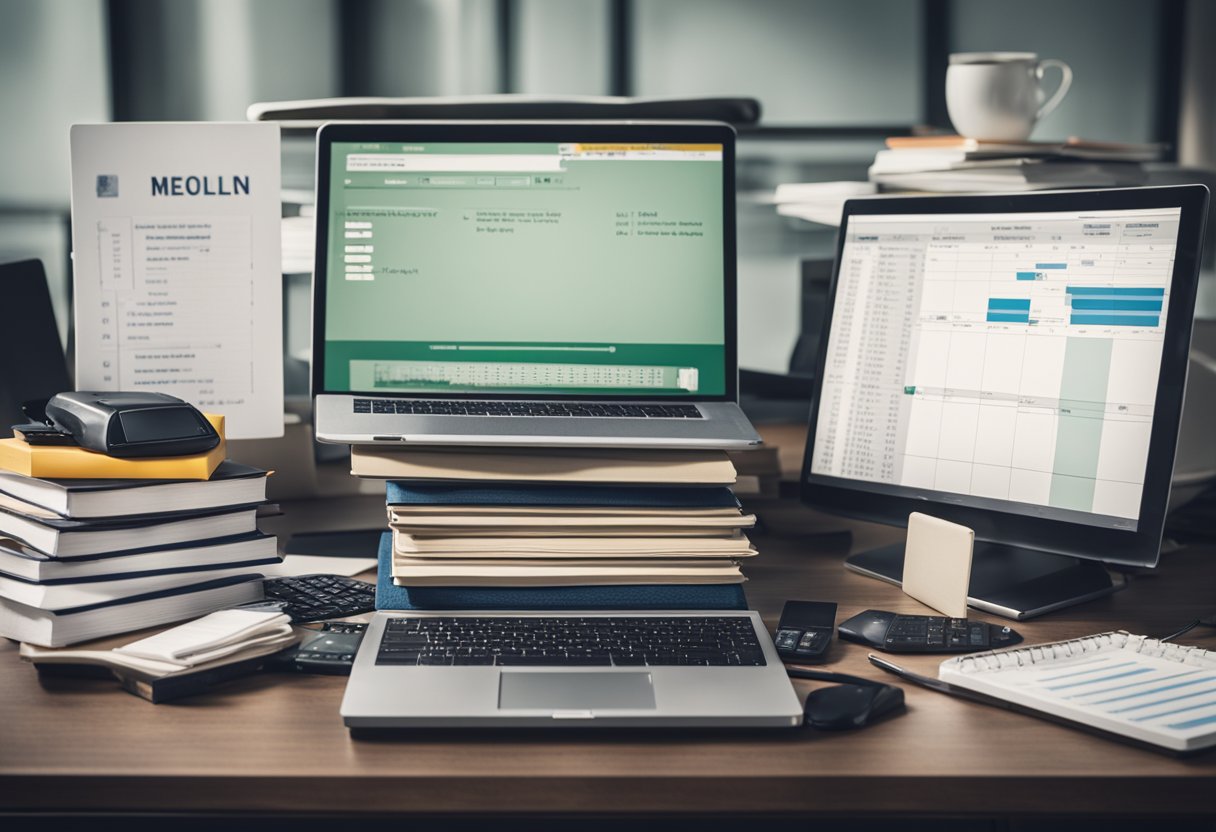 A desk cluttered with books, a laptop, and spreadsheets. A whiteboard with bidding strategies and checklist items. A stack of money and a calculator on the side