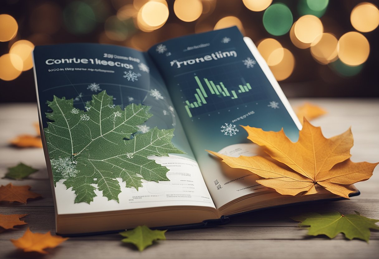 A book cover with seasonal elements (leaves, snowflakes, etc.) overlaid with marketing graphs and charts