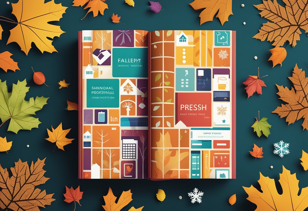 A colorful book cover with seasonal elements like snowflakes and fall leaves, surrounded by marketing materials and social media icons