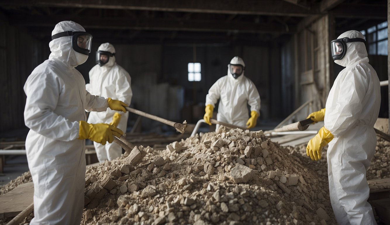 A team of professionals in protective gear removing asbestos and demolishing a structure with specialized equipment