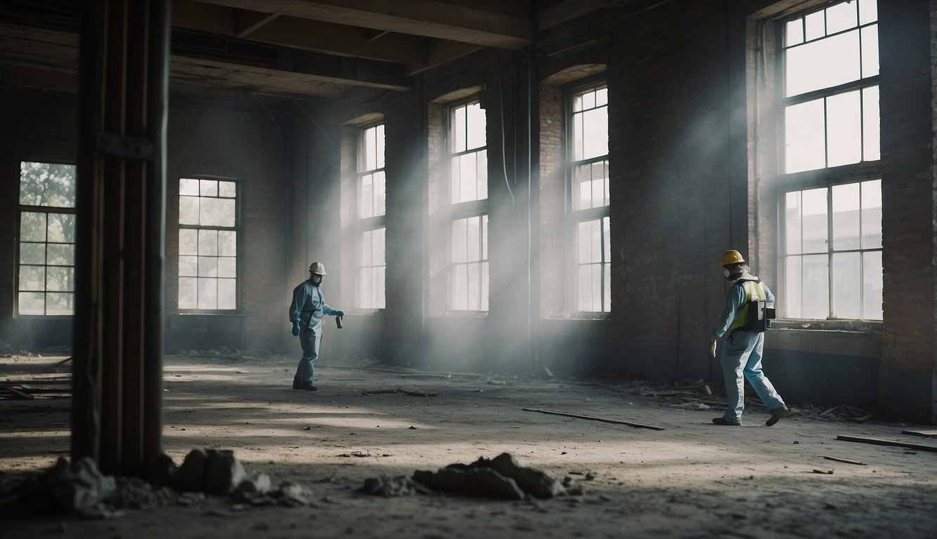 A dilapidated building with crumbling walls and a cloud of dust from asbestos removal. Workers in protective gear and caution signs