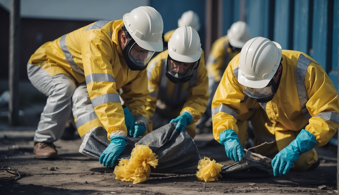 A team of workers in protective gear carefully removing asbestos from a building, with caution tape and warning signs surrounding the area