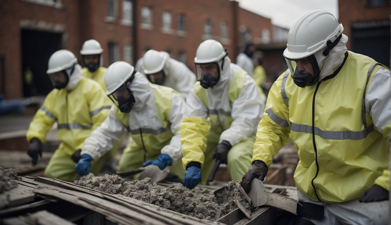 A team of professionals in protective gear safely removing asbestos from a building before demolition