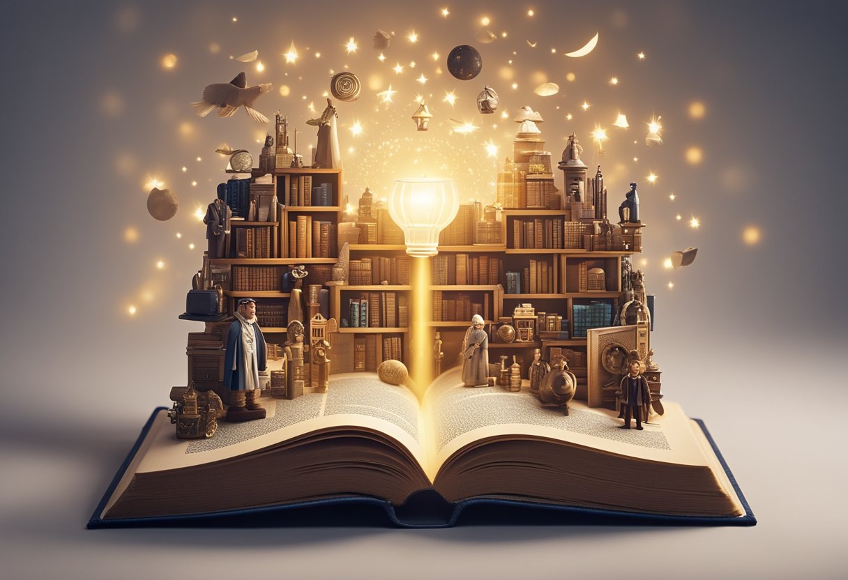 A book with a glowing spotlight, surrounded by diverse characters and symbols, representing the impact of storytelling in advertising