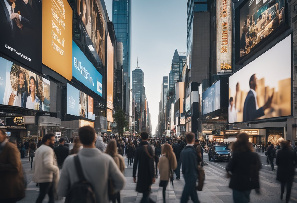 A bustling city street with billboards and digital screens targeting specific demographics. People of different ages and backgrounds pass by, engaging with the advertisements