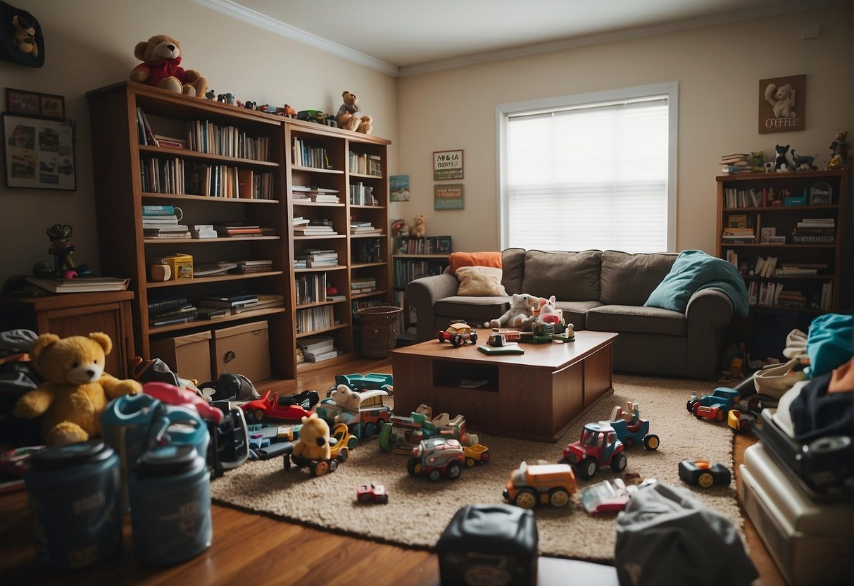 A cluttered living room with toys scattered on the floor, books piled on the coffee table, and overflowing bins of clothes in the corner