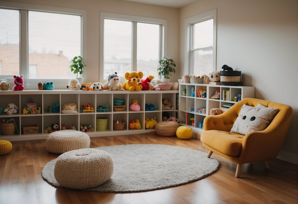 A tidy living room with toys organized in bins, a cozy reading nook, and a designated art area for kids. Bright colors and natural light create a welcoming and inspiring space