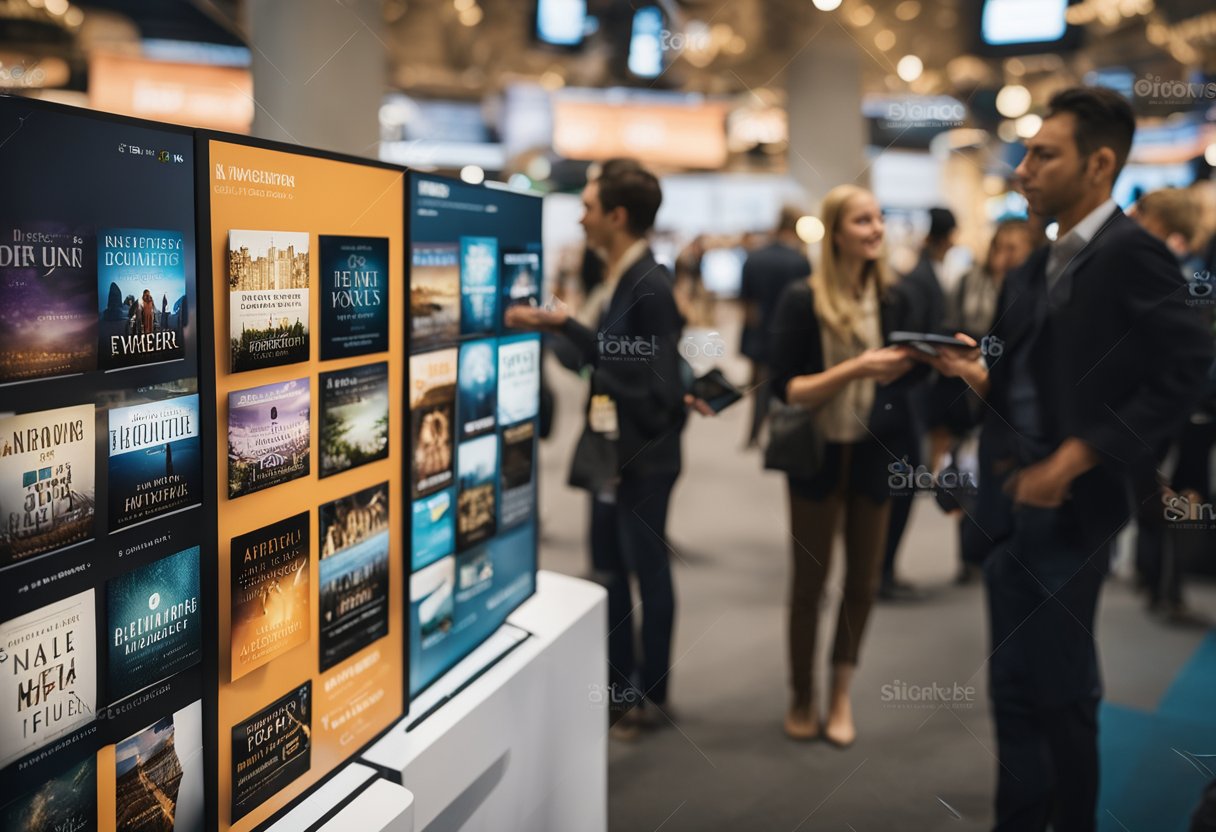 Various authors' books displayed on digital screens, surrounded by promotional banners and ads. Networking event with authors' names and logos featured prominently