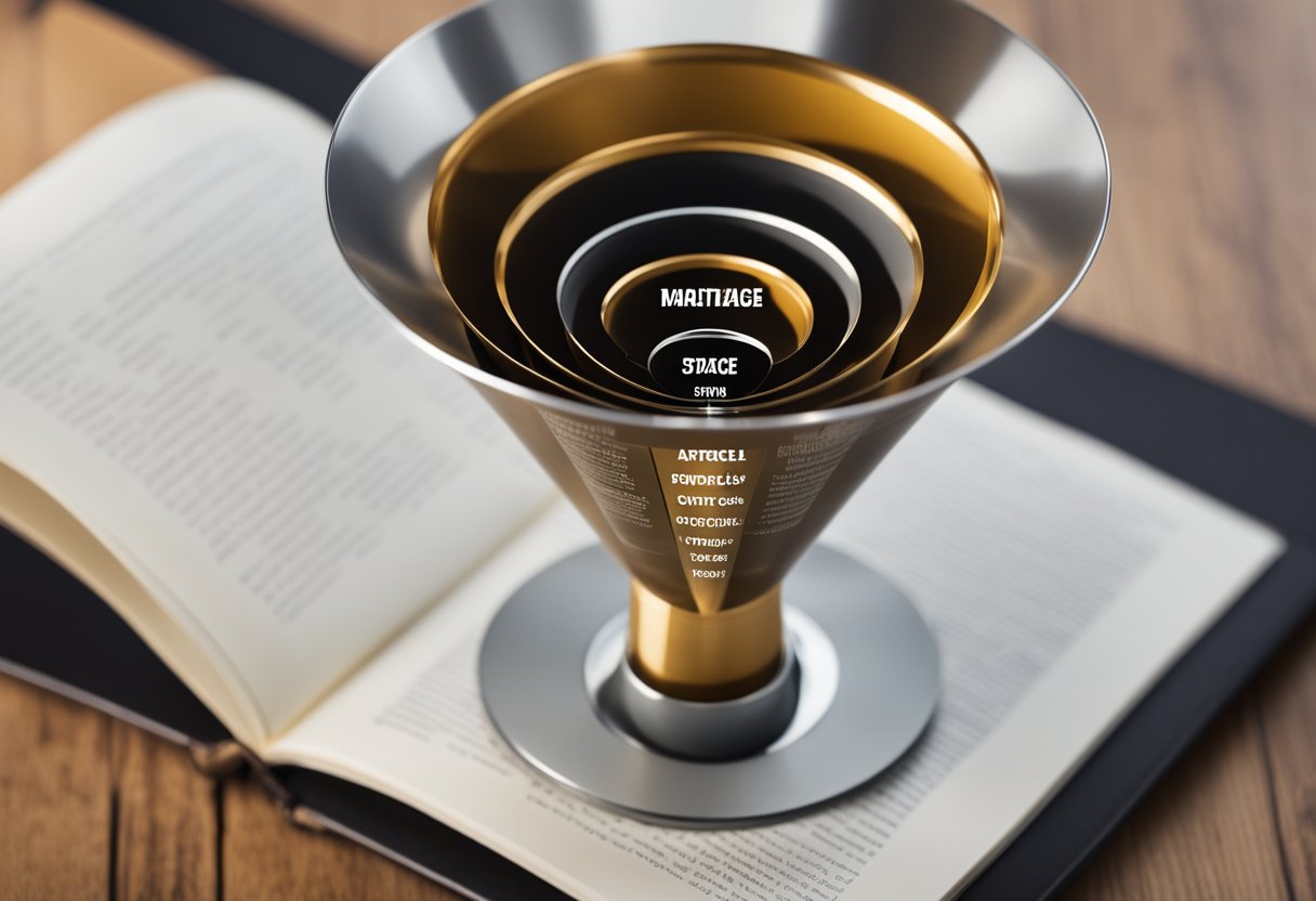 A funnel with books at the top, leading to a target audience at the bottom. Each stage of the funnel is labeled with key marketing strategies