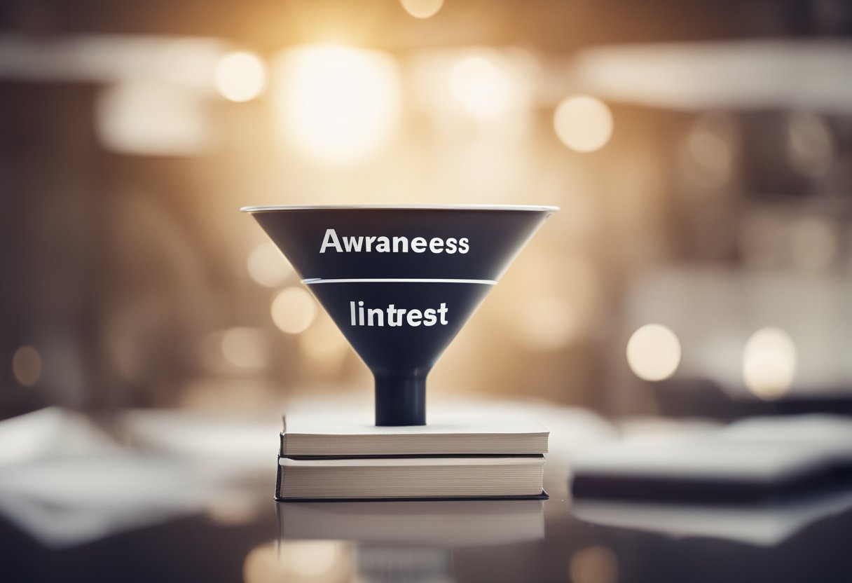 A funnel with "awareness" at the top, "interest" in the middle, and "action" at the bottom, representing the stages of creating an effective advertising funnel for a book