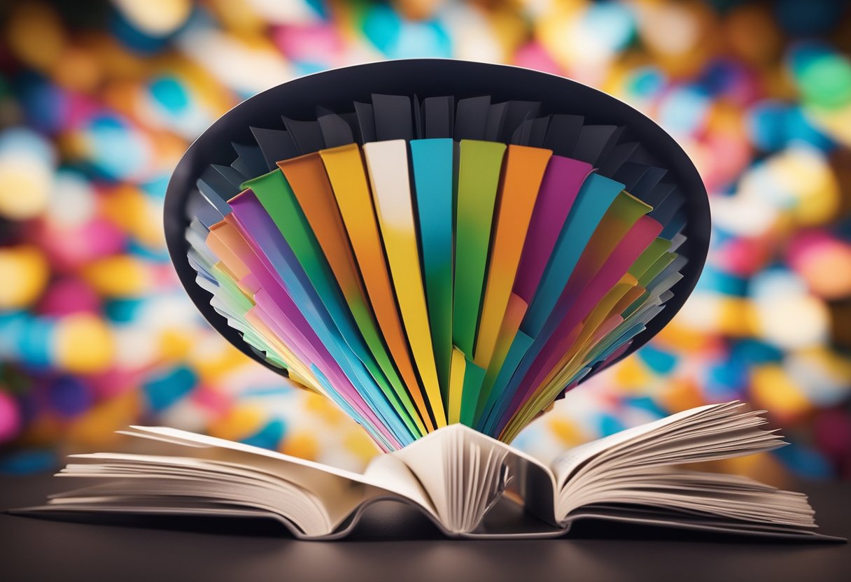 A colorful funnel with books at the top, leading to a captivating ad at the bottom. Vibrant and engaging visuals surround the funnel, drawing in the audience