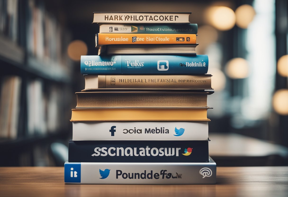 A stack of books on a table with various social media logos floating above them, representing different advertising platforms