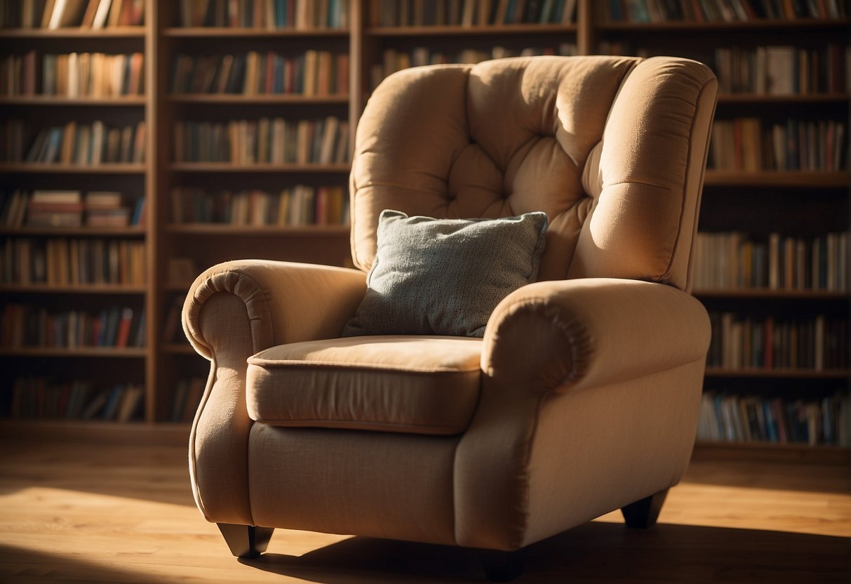A plush armchair nestled in a sunlit corner, surrounded by bookshelves and soft, warm lighting. A small side table holds a steaming cup of tea and a stack of children's books