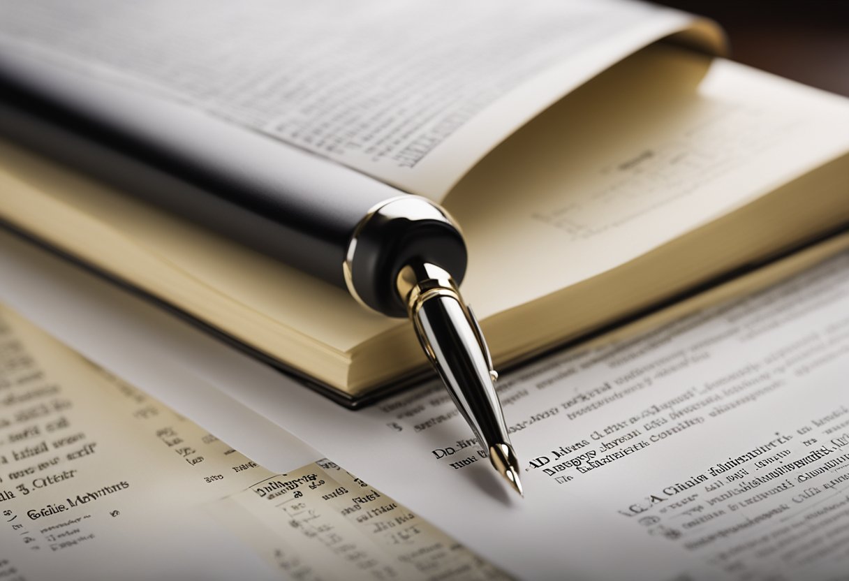 A stack of legal documents sits next to a book on ethical standards. A pen hovers over the paper, ready to write. The words "Ad Copywriting Secrets" are highlighted in bold, drawing the viewer's attention