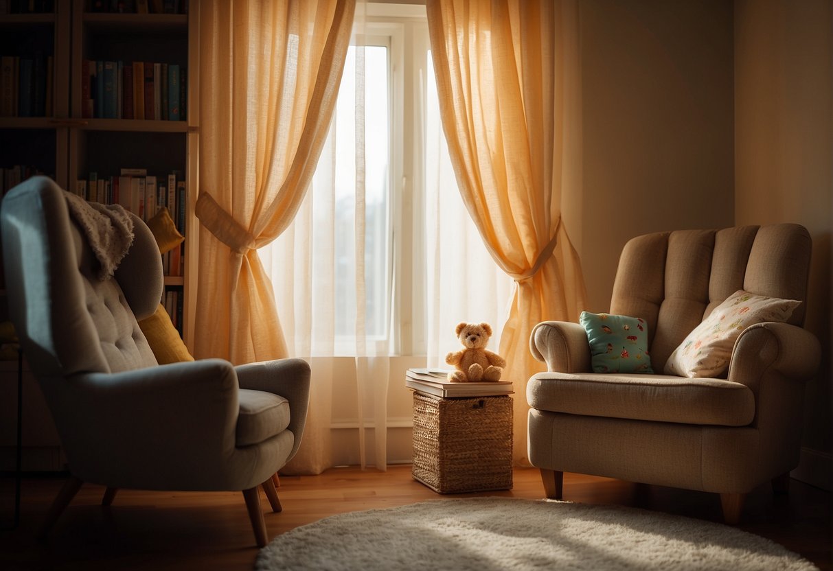 Soft, warm light filters through a sheer curtain, casting a gentle glow over a plush reading chair and a small bookshelf filled with colorful children's books. A table lamp adds extra illumination for cozy reading