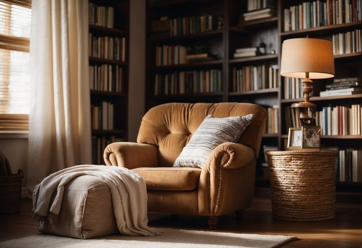 A plush armchair sits in a sunlit corner, surrounded by bookshelves and soft pillows. A warm throw blanket drapes over the chair, inviting readers to snuggle in and enjoy a quiet moment with a good book