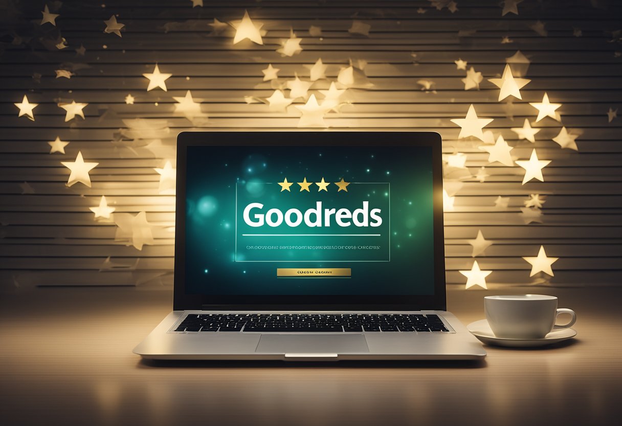 A laptop displaying Goodreads Ads with an author's book cover and a compelling tagline, surrounded by glowing reviews and a high star rating