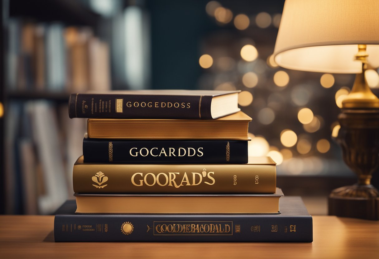 A stack of books with Goodreads logo on a table, surrounded by glowing ads and a spotlight