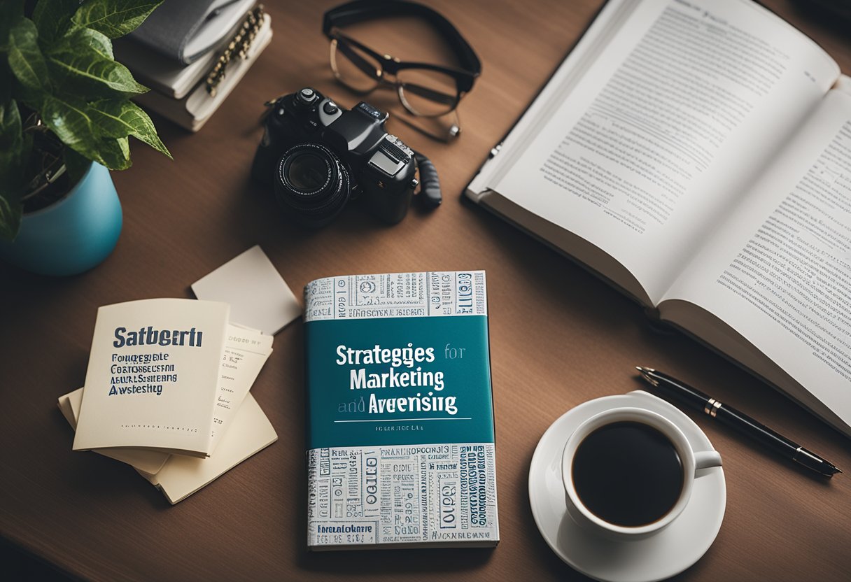 A book with the title "Strategies for Integrating Content Marketing and Advertising" sits on a desk, surrounded by various marketing materials and digital devices