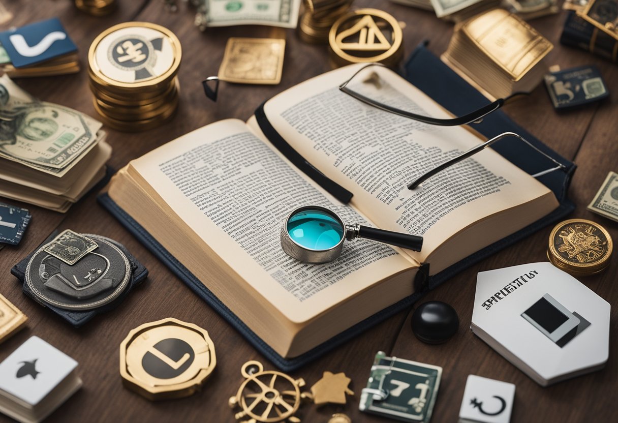 A book with a magnifying glass hovering over it, surrounded by various marketing and advertising symbols such as social media icons, dollar signs, and a scale representing ethical considerations