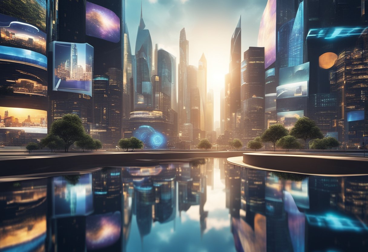 A futuristic cityscape with holographic book covers and digital billboards showcasing author content and advertising