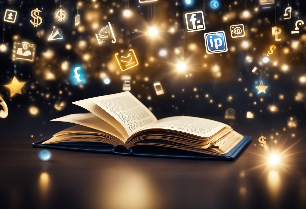 A book with a spotlight on it, surrounded by various marketing and advertising symbols, such as social media icons, email envelopes, and dollar signs