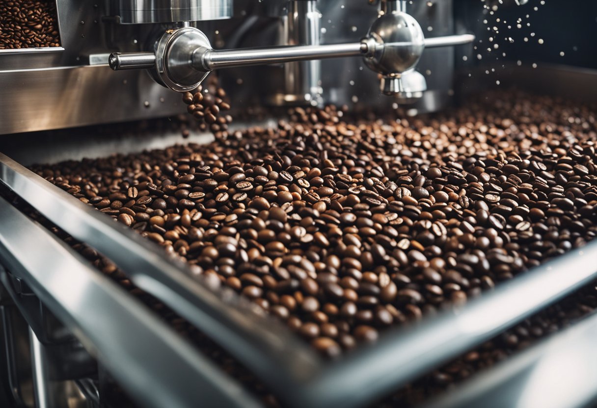 Coffee beans in a large industrial decaffeination machine, undergoing the process of being steamed, soaked, and then rinsed to remove caffeine